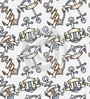 Seamless texture with vintage multicolored cartoon anchors with paper ribbon. Hand drawn illustration. Vector pattern